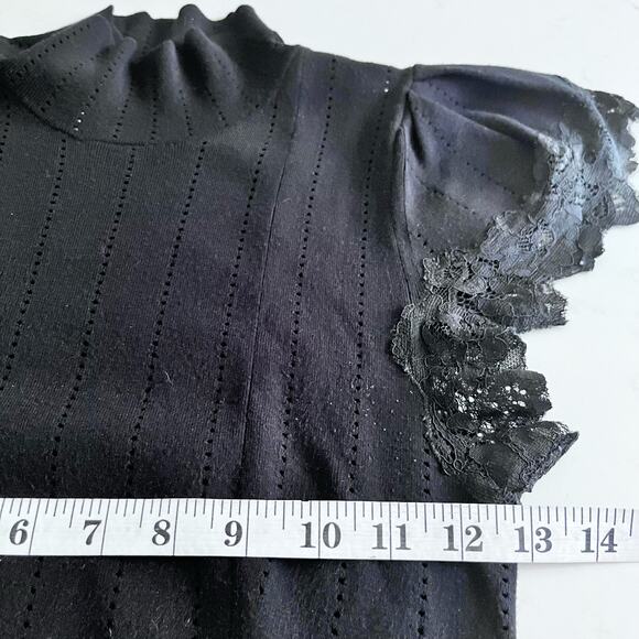 Rebecca Taylor Black Pointelle Knit Lace Trim Mock Neck Sweater Dress Size M - Picture 11 of 13